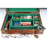 A group of mixed collectables contained within a wooden box to include jewellery, watches, coins,