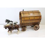 Scratch built wooden gypsy caravan and ceramic cart horses.