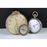 A gents Ingersoll gold plated pocket watch together with a hallmarked silver fob watch and a white