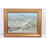 A gilt framed oils on board of a winter lake view with figures in bent fir forest and mountains