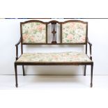 Edwardian Mahogany Inlaid Two Seater Settee with Upholstered Back Panels and Seat, raised on