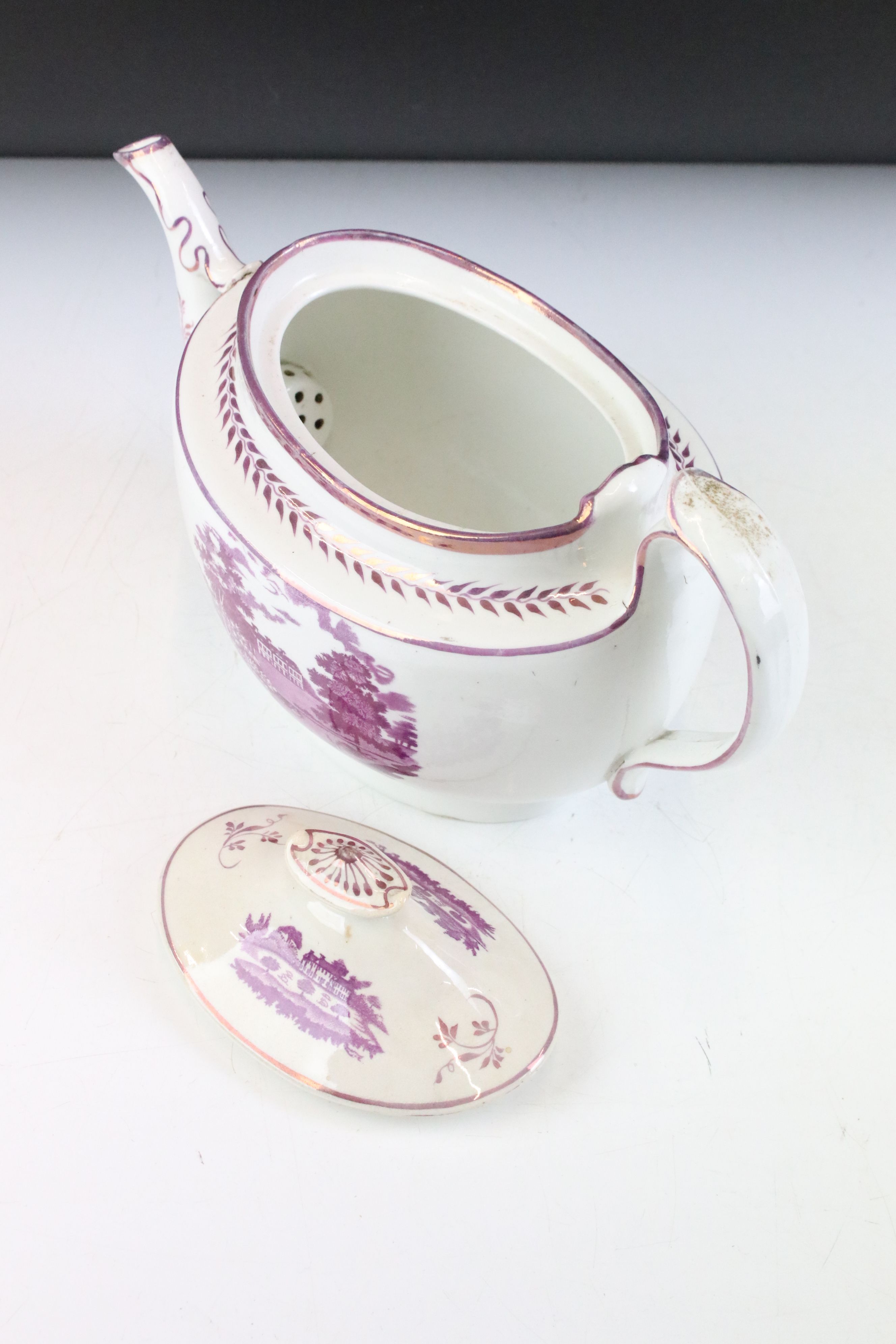 Three 19th Century teapots to include a Victorian Minton Delft teapot with red transfer printed - Image 4 of 10