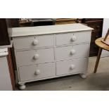 Victorian White Painted Pine Chest of Six Short Drawers raised on bun feet, 206cm long x 48cm deep x