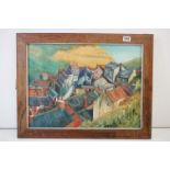 20th century oil on board of a view of a coastal village set in hilly terrain and cliffs.