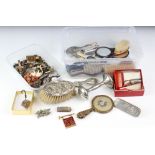 A box of mixed collectables to include vintage jewellery, miniature brushes and hand mirrors, babies