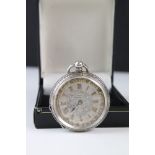 A fully hallmarked sterling silver pocket watch, silvered dial with gold coloured embellishment's,