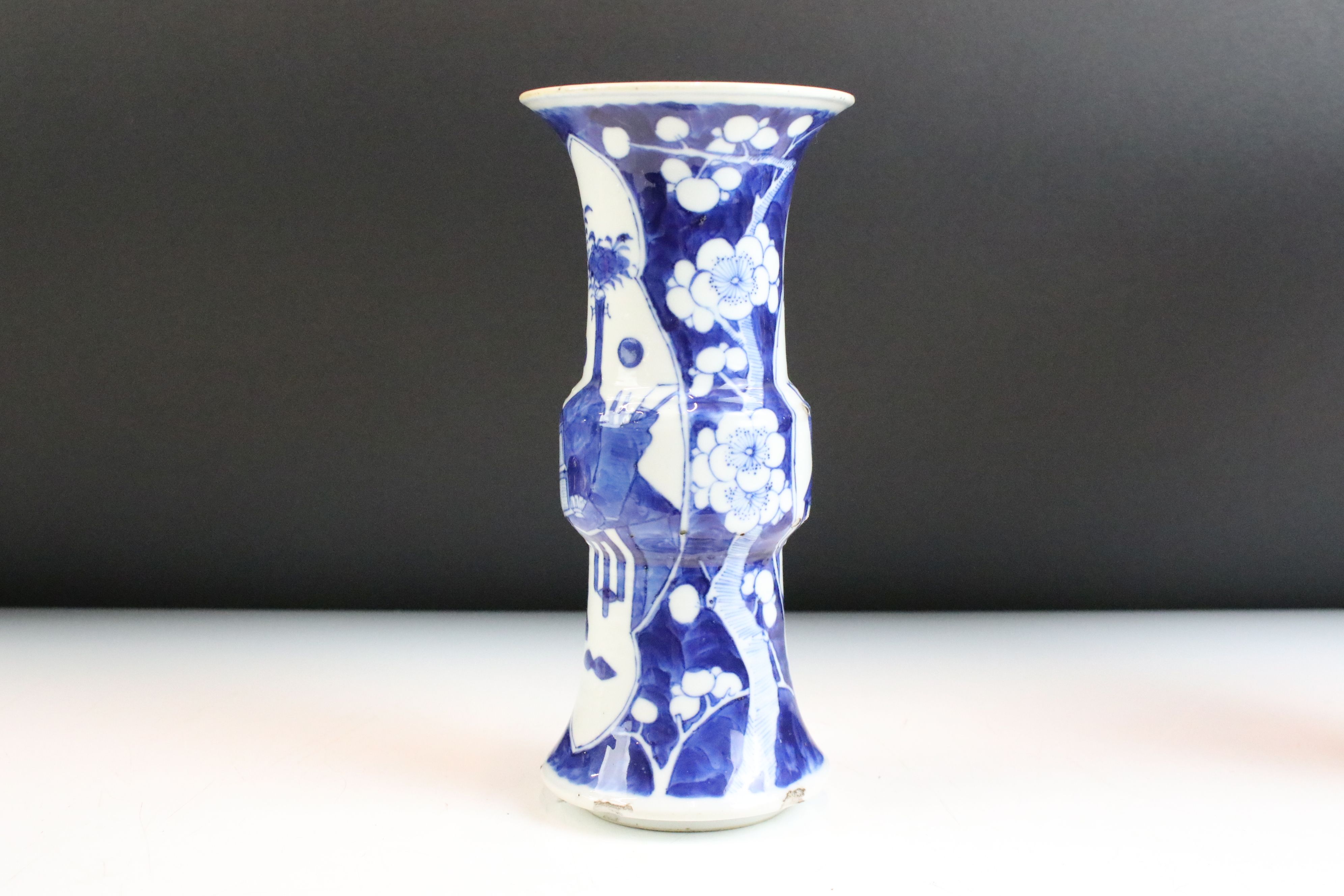 Pair of Chinese blue and white Gu vases being hand painted in the prunus pattern with panelled - Image 2 of 6