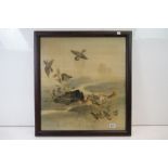 A late 19th century Japanese painting on material of sparrows in a naturalistic setting, 65 x 59cm