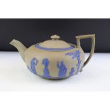 19th Century Wedgwood drabware teapot having a brown ground with raised blue classical scenes to the