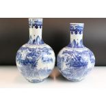 Near pair of Chinese blue and white bottle vases having printed and hand painted landscape scenes to