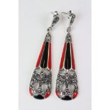 A pair of silver agate and red jasper art deco style drop earrings.