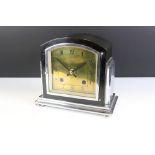 Art Deco chrome & black 'Robertsons of London' domed-top mantle clock, with brass dial, glazed front