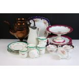 Mixed ceramics - A late 19th / early 20th C pink & white ground dessert set, the plates with hand