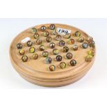 Oak Solitaire Board with 37 Glass Marbles