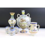 Three pieces of continental faience maiolica ceramics to include a moon flask vase featuring a hare,