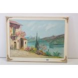 A 20th century oil on canvas a tranquil view of a Mediterranean lake scene with sailboats Villa a