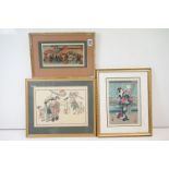 Three Japanese woodblock, prints traditional scenes by artists. Kitagawa Utamaro, Saito Shuho and