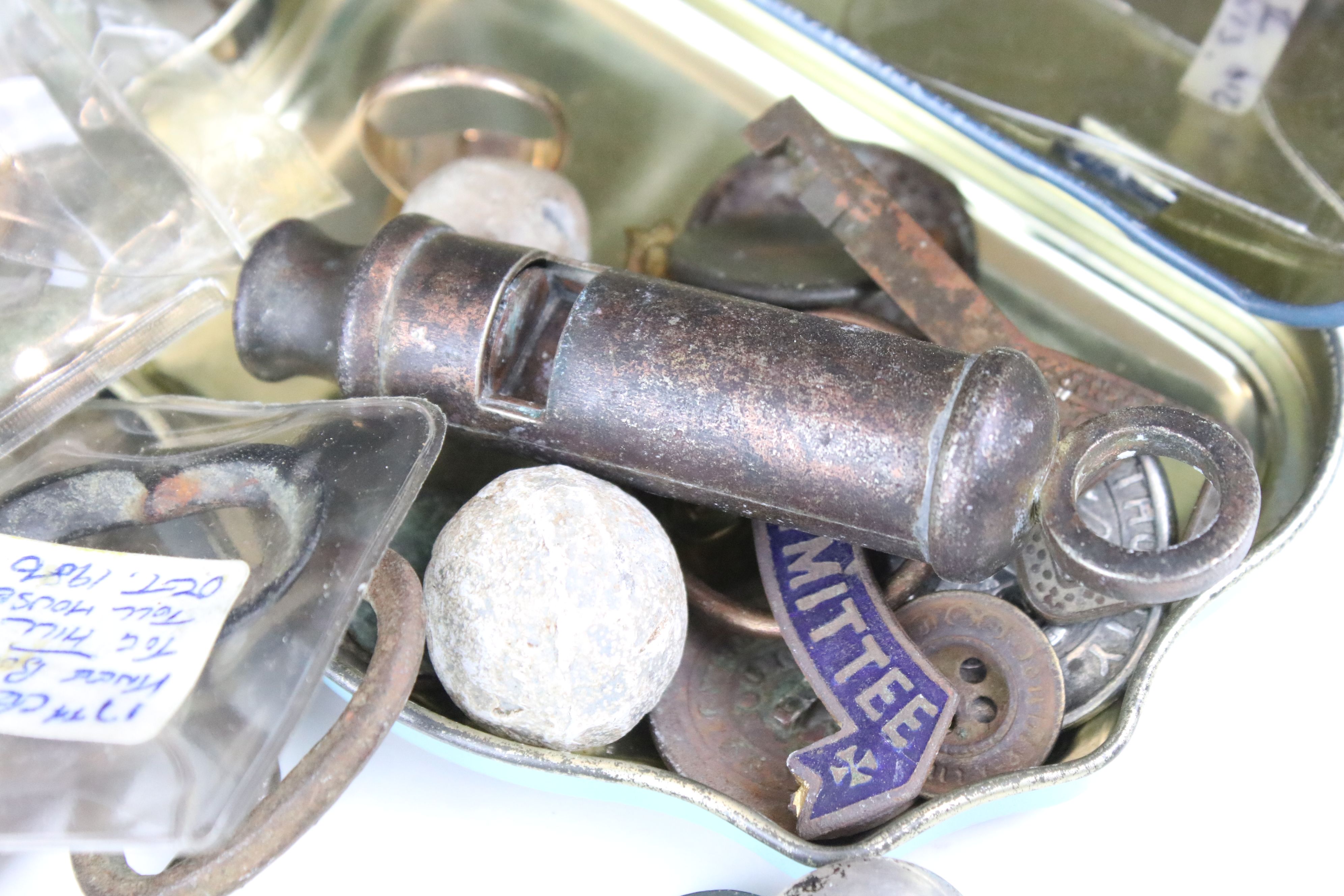 A box of mixed collectables to include whistle, military badges and buttons, coins, musket balls, - Image 6 of 11