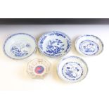 Five Chinese dishes, comprising: a blue and white shallow dish, decorated with flowers and