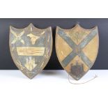 Pair of antique painted metal Scottish shield plaques, each depicting thistles, castles and