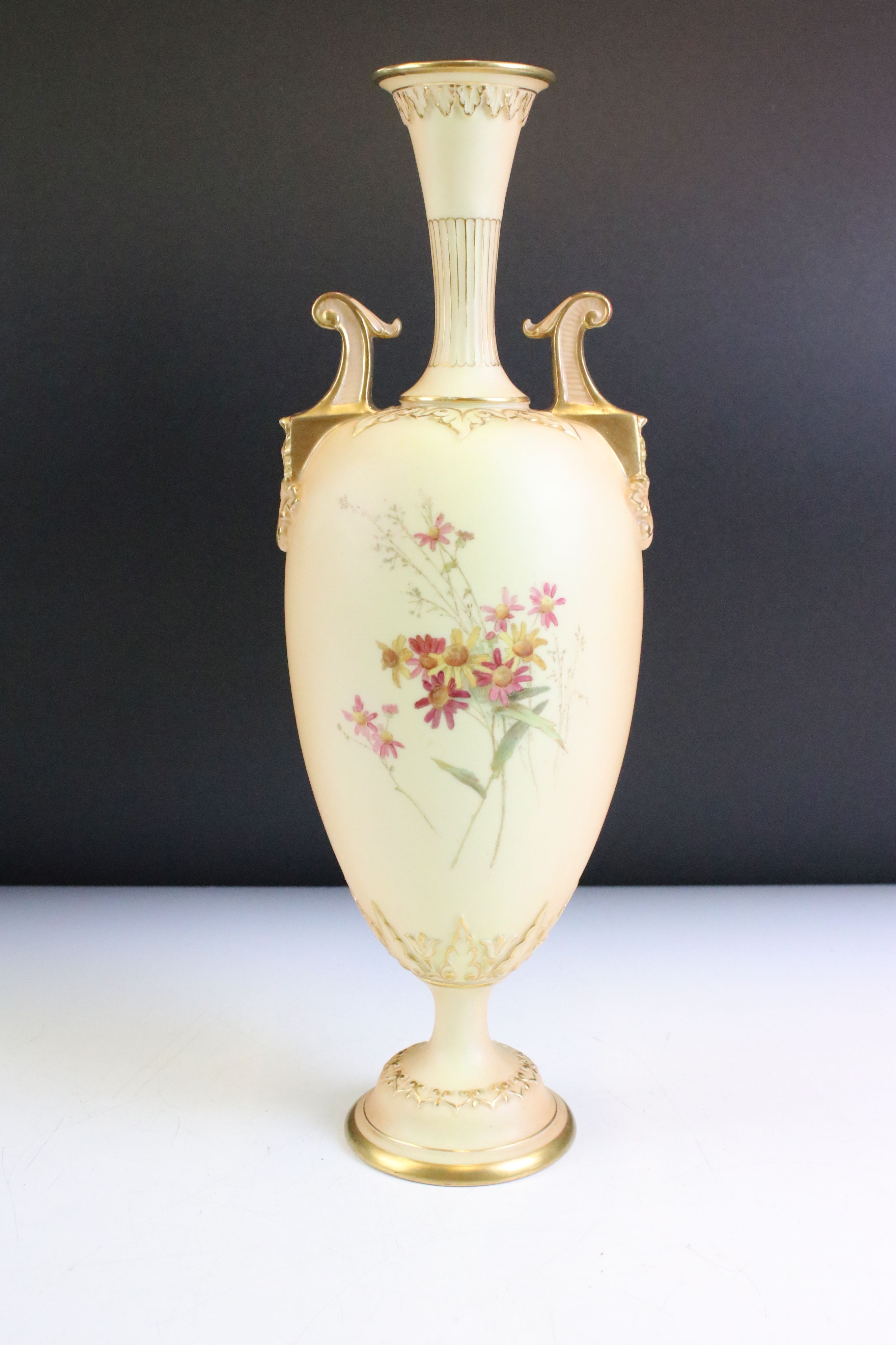 19th Century ivory blush amphora twin handled vase. The vase having moulded handles with gilt - Image 2 of 6