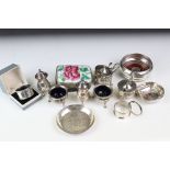 Collection of silver and silver plate including wine coaster, pin dish, napkin rings, childs