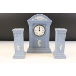 Wedgwood jasperware clock and candle sticks mantle piece garniture to include a clock of classical