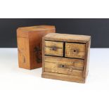 19th century Japanese miniature wooden chest of three drawers, with marquetry inlaid decoration (