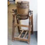 Early 20th century Coopered and Iron Bound Oak Butter Churn on a Pine Stand, the churn with iron