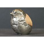 Sampson Mordan & Co Ltd novelty silver pin cushion in the form of a hatching chick, Chester 1918,