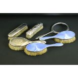 Collection of six silver mounted dressing table items to include a pink guilloche enamel Art Deco