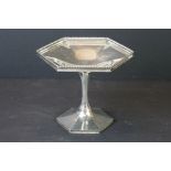 Silver hexagonal tazza, faceted plain polished, beaded rim, makers Sanders & Mackenzie, Birmingham