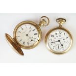 Gold plated full hunter top wind pocket watch, engine turned decoration to case, white enamel dial