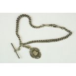 Silver curb link double Albert watch chain with two dog clips, T-bar and silver Albert fob,