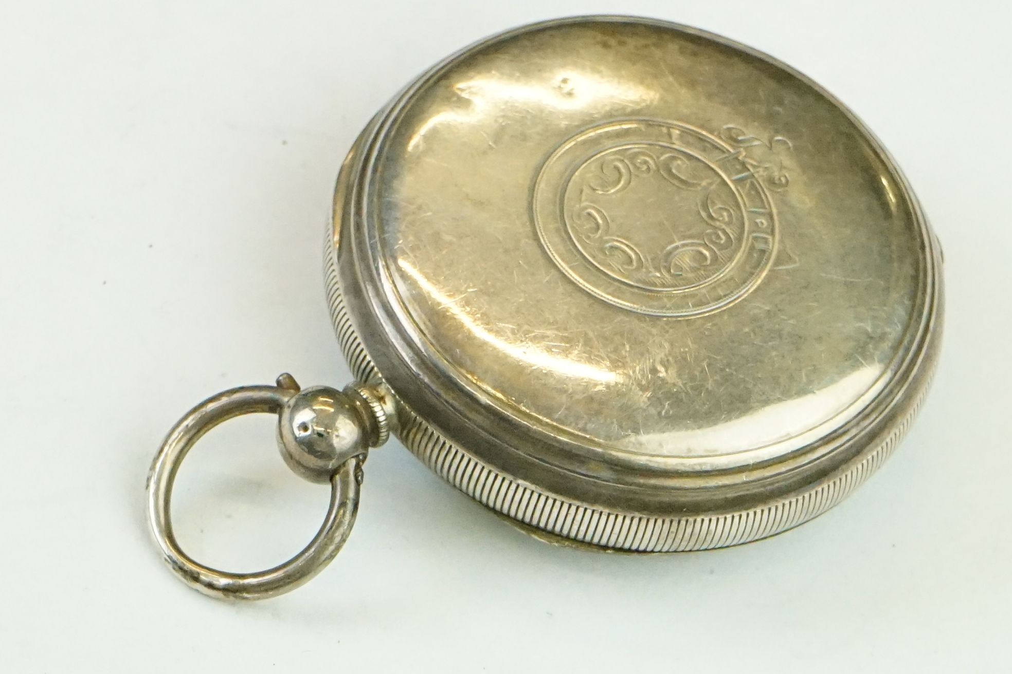 Victorian silver open face key wind pocket watch, cream enamel dial and seconds dial, black Roman - Image 4 of 4
