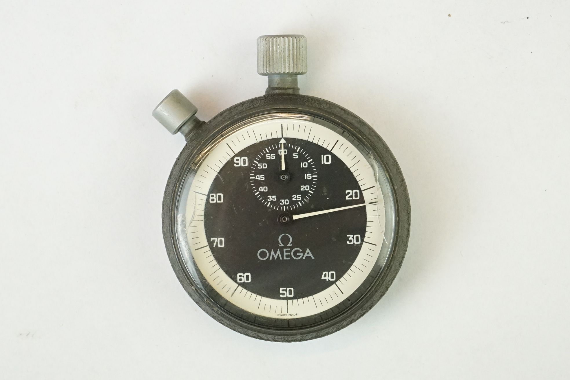 Omega stopwatch, black dial and seconds dial, white Arabic numerals and hands, white outer dial, - Image 2 of 6