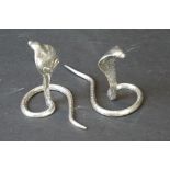 Pair of Anglo Indian white metal menu holders in the form of cobras having coiled tails and clips to
