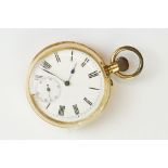 18ct gold open face top wind pocket watch, white enamel dial and seconds dial, black Roman