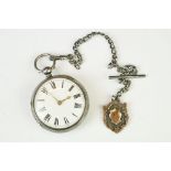 Victorian silver open-faced pocket watch, key-wind, with Roman numerals, white dial, poker hands and