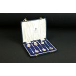 Mid 20th C cased set of six silver & guilloche enamel coffee spoons, the enamelled handles of