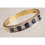 Sapphire and diamond 18ct yellow and white gold ring, five square step cut sapphires alternate set