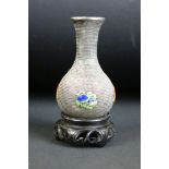 Early 20th Century Chinese white metal vase having a wire work body with enamelled panels to the