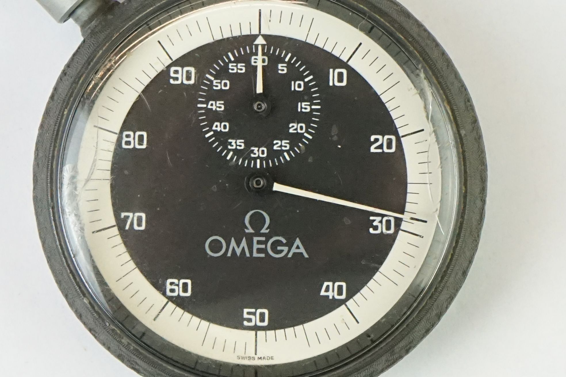 Omega stopwatch, black dial and seconds dial, white Arabic numerals and hands, white outer dial, - Image 3 of 6