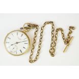 Victorian 18ct gold open face pocket watch mounted with a 9ct gold watch chain. The watch having a