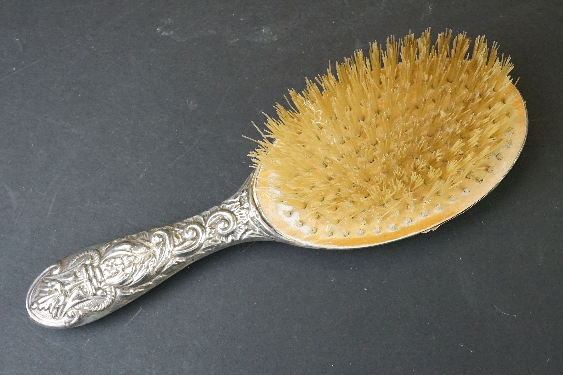 Mid 20th C silver mounted four-piece dressing table brush set with repousse Gothic-style decoration, - Image 4 of 7