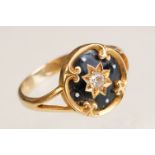 Early 20th century diamond enamelled 18ct yellow gold mourning ring, round brilliant cut diamond
