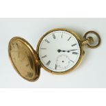 14ct yellow gold full hunter top wind pocket watch, engine turned case with vacant cartouche,