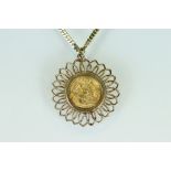 Half sovereign coin pendant necklace, George V dated 1915, 9ct gold mount, 9ct yellow gold flat curb