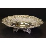 Parkin Silversmiths Ltd silver three-footed dish with grape vines panels within Acanthus leaf