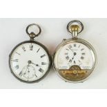 Victorian silver open face key wind pocket watch, white enamel dial and seconds dial, black Roman